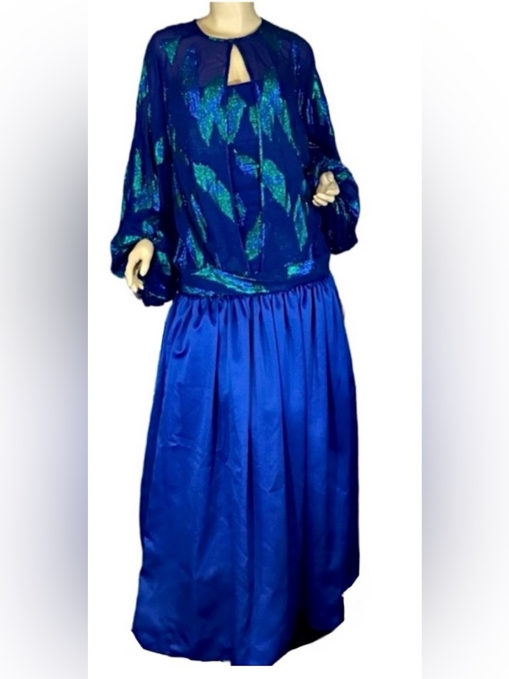 VICTOR COSTA VINTAGE 1980'S BLUE & GREEN "PEACOCK" DRESS W/COVER (14)
